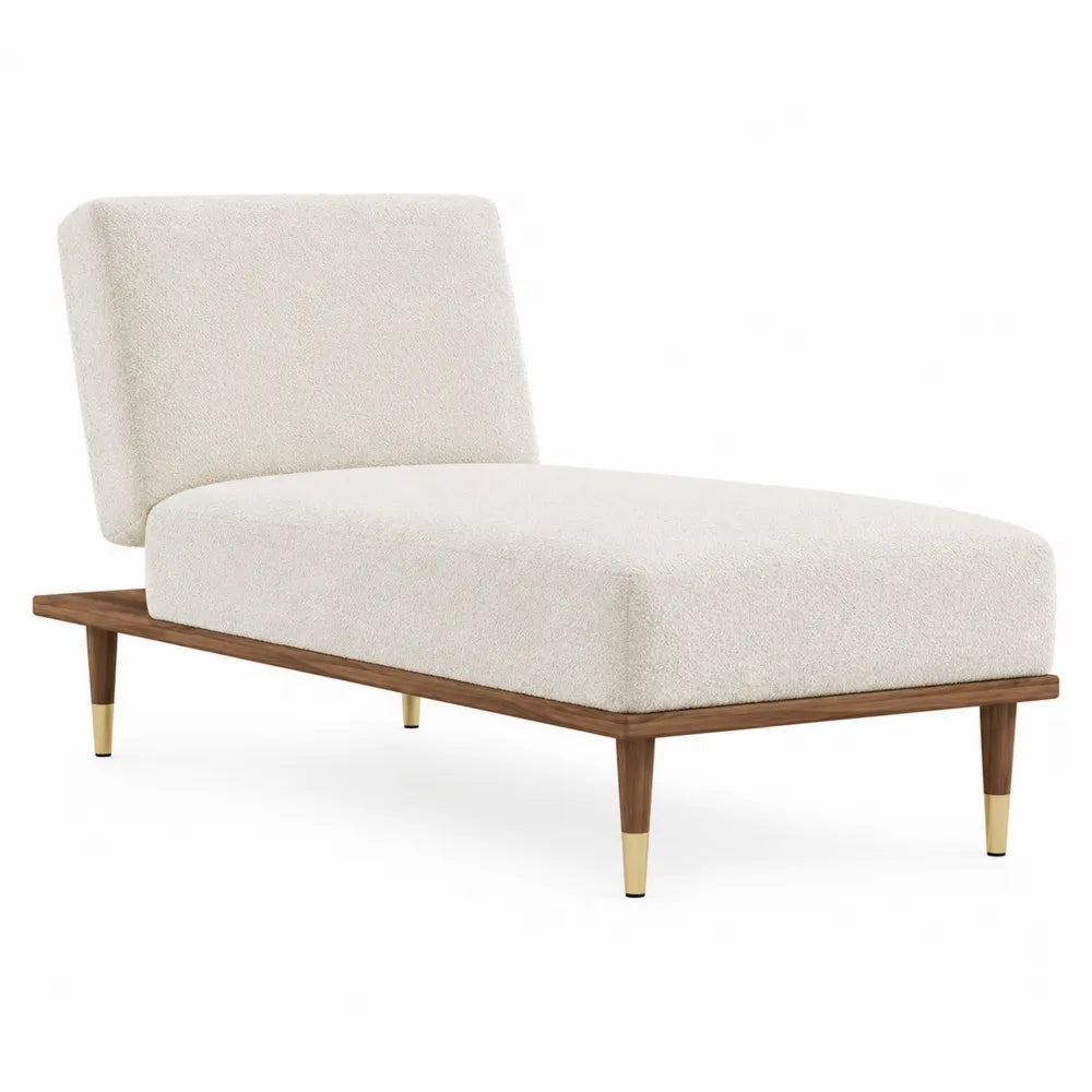 Modern Chaise Lounge Boucl茅 Fabric Walnut Wood Frame Cream