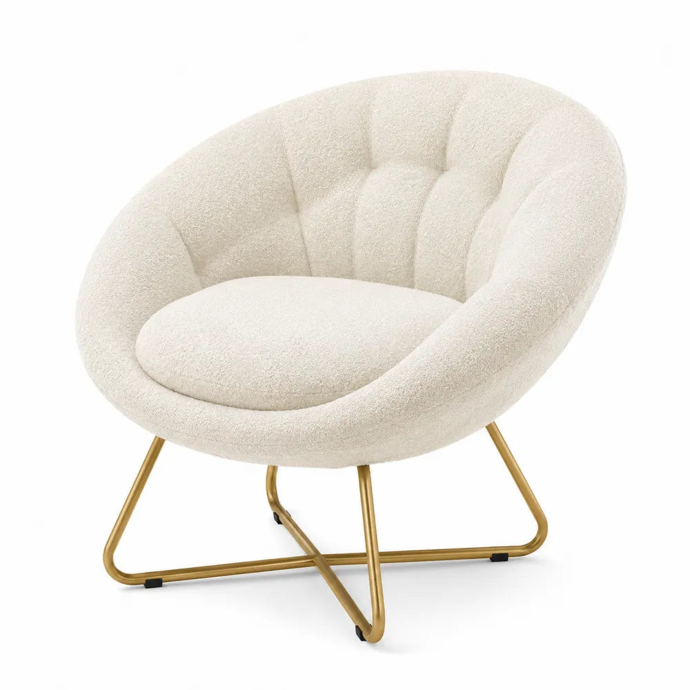 Oval Tufted Chair Boucl茅 Fabric Cream with Steel Frame