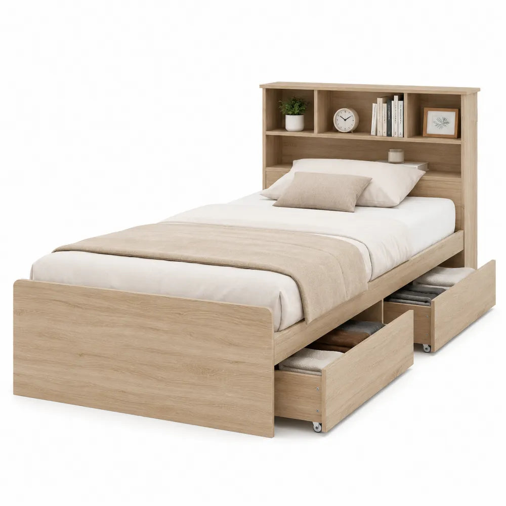Wood Twin Bed with Storage Drawers and Bookshelf Headboard