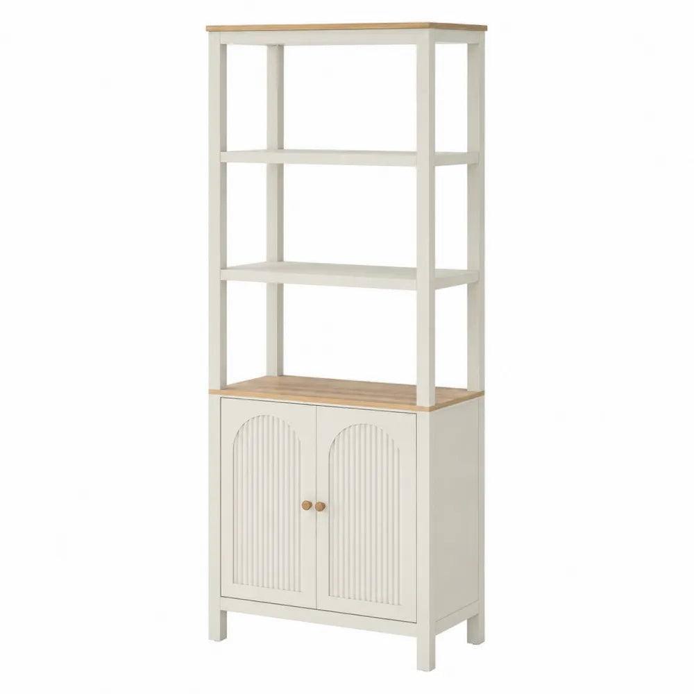 Wooden Bookcase with Shelves and Cabinet in White and Oak Finish