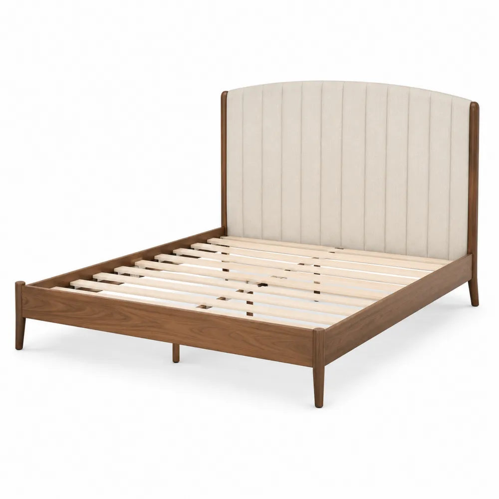 Queen Bed with Walnut Frame and Upholstered Headboard