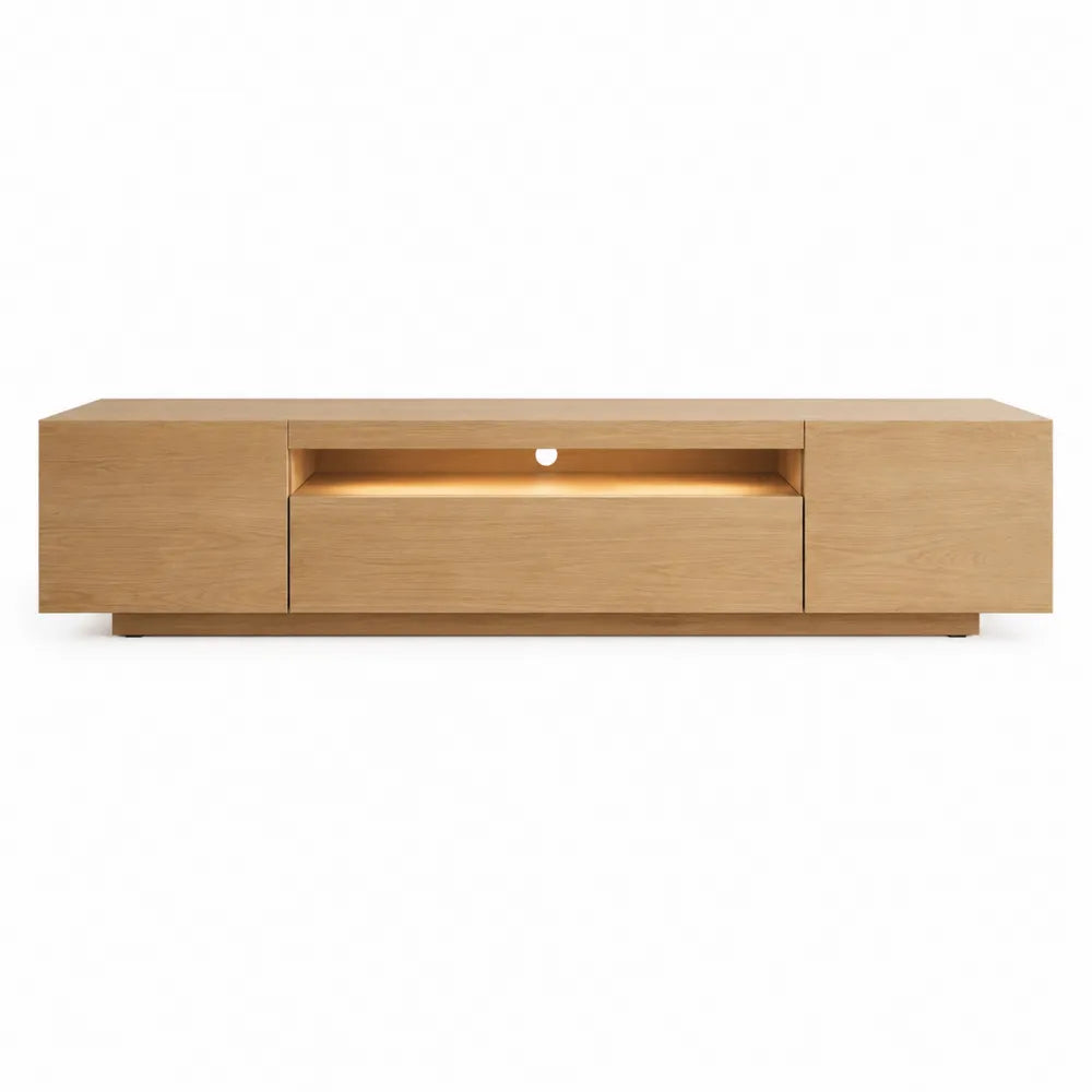 Solid Oak Wood TV Stand with Cabinets and LED Lighting 180cm