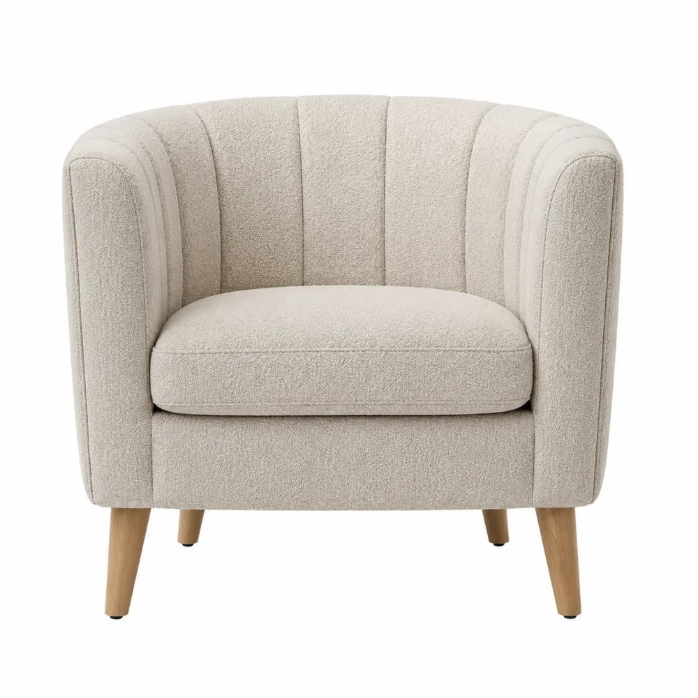 Beige Boucl茅 Barrel Chair with Solid Wood Legs