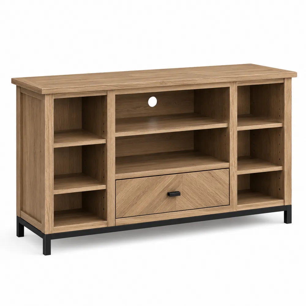 Oak Wood TV Stand with Shelves and Drawer