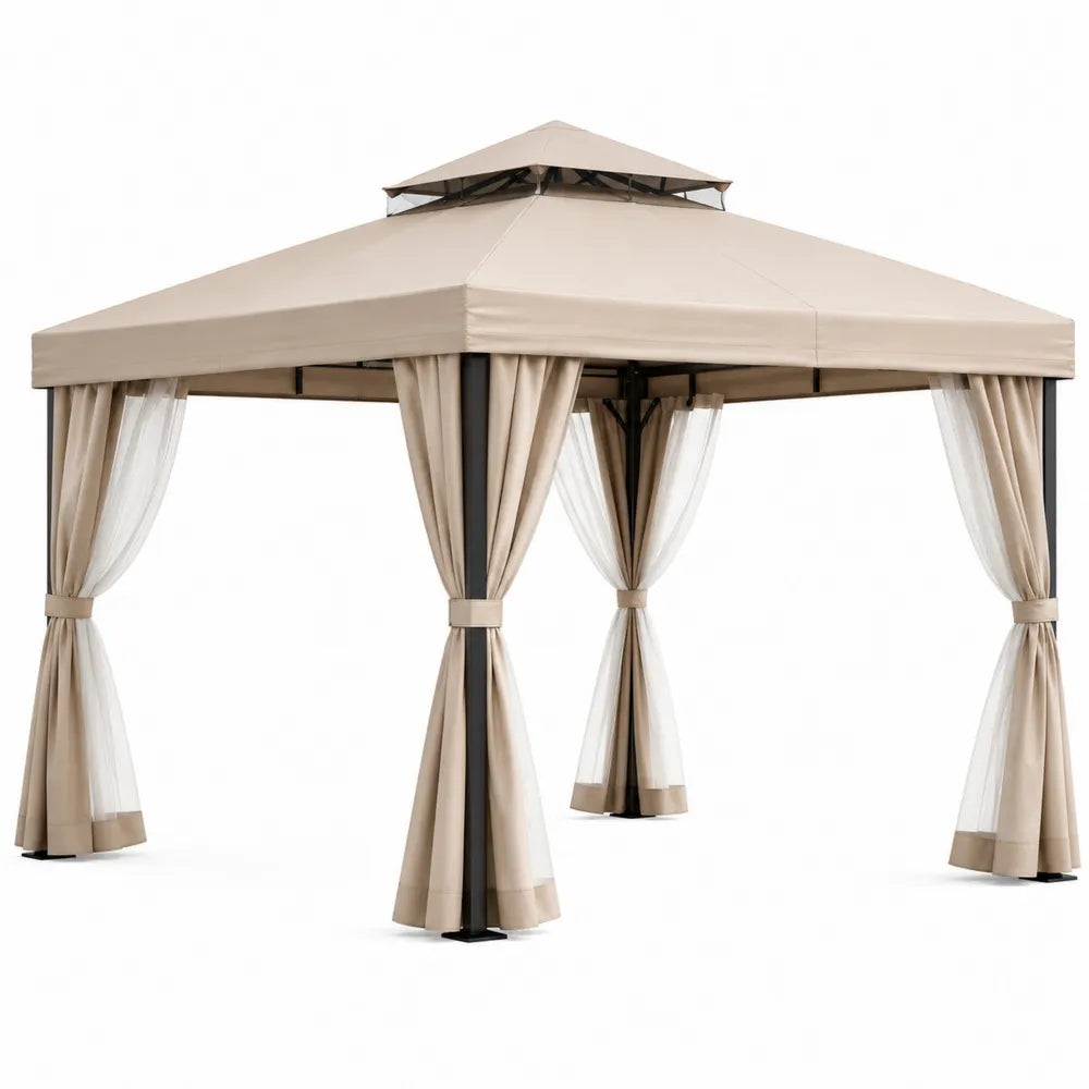 Square Steel Frame Gazebo with Polyester Canopy and Curtains 3m x 3m Beige