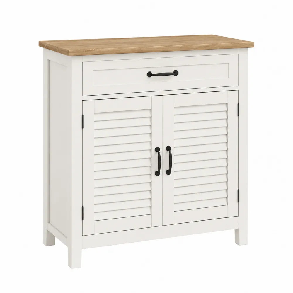 Wood Sideboard Buffet Cabinet with Louvered Doors, White and Light Wood, 80cm x 40cm x 90cm