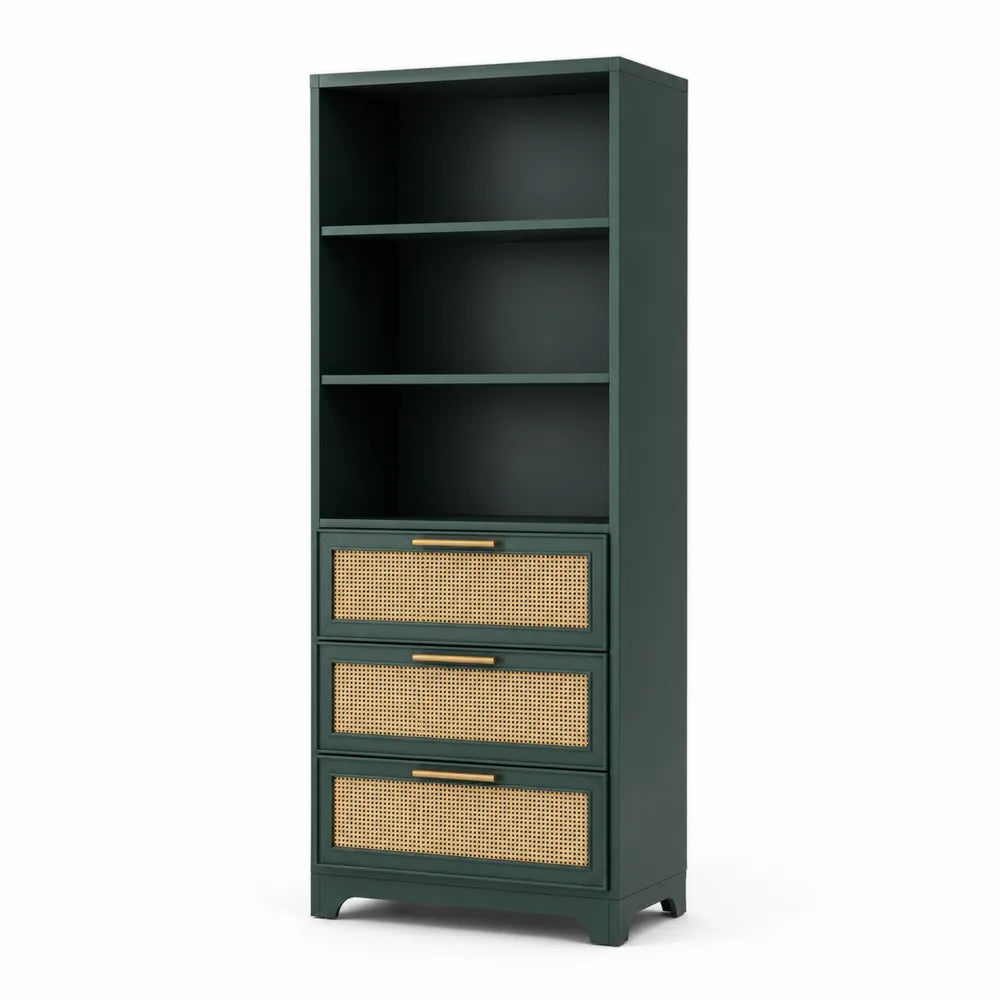 Green Wood Bookcase with Rattan Drawers