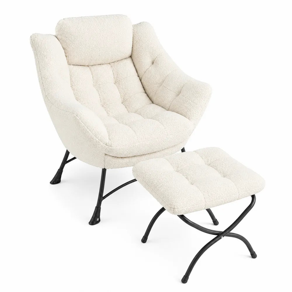 Boucle Fabric Chair and Ottoman Set with Metal Legs