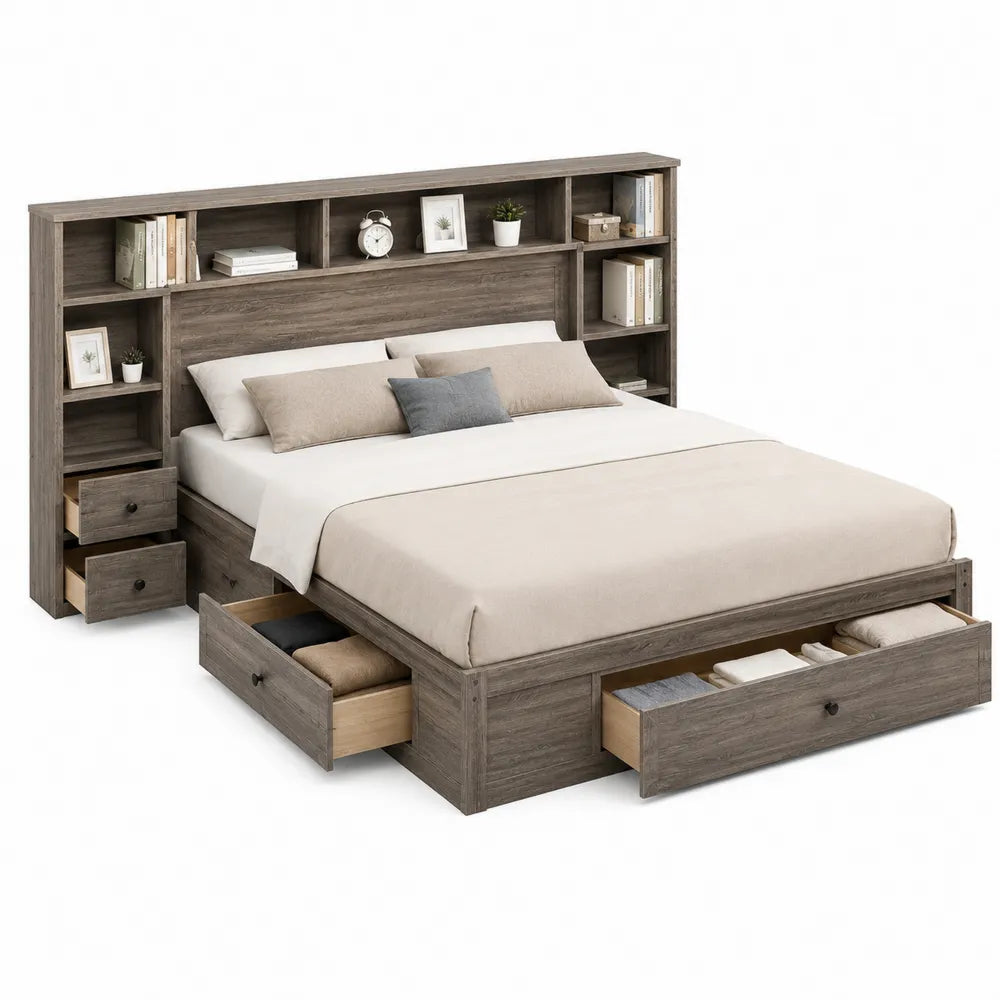 Queen Wood Storage Bed with Headboard Shelves Gray 210cm x 160cm