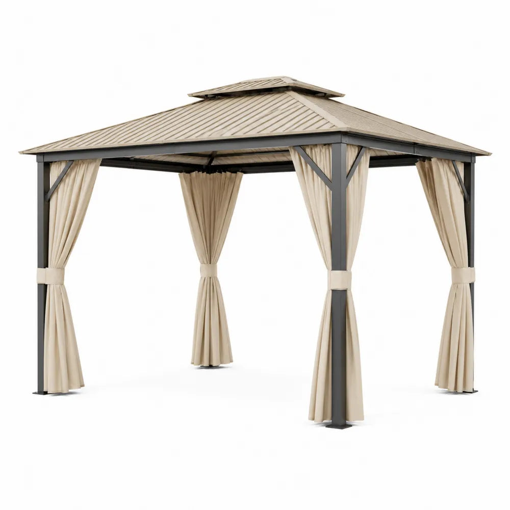 Outdoor Gazebo 10x12 ft Aluminum Frame with Beige Polyester Roof and Curtains