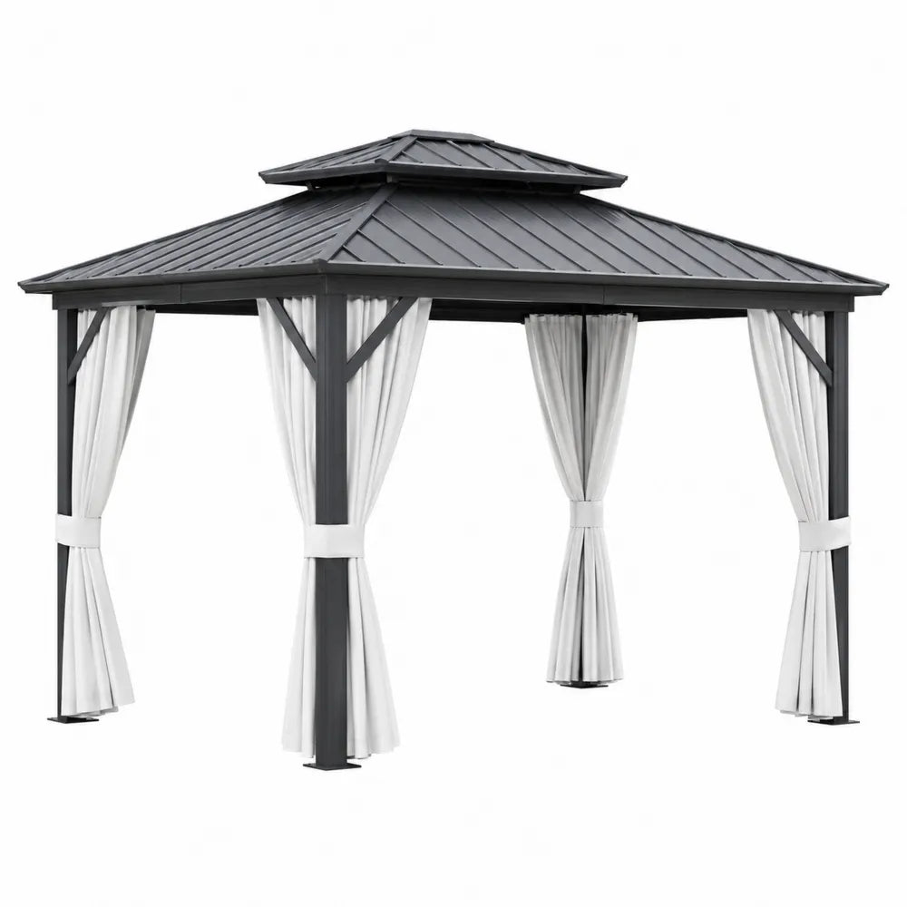 Outdoor Gazebo Steel Frame with Polyester Curtains, Gray, 3 x 3 m