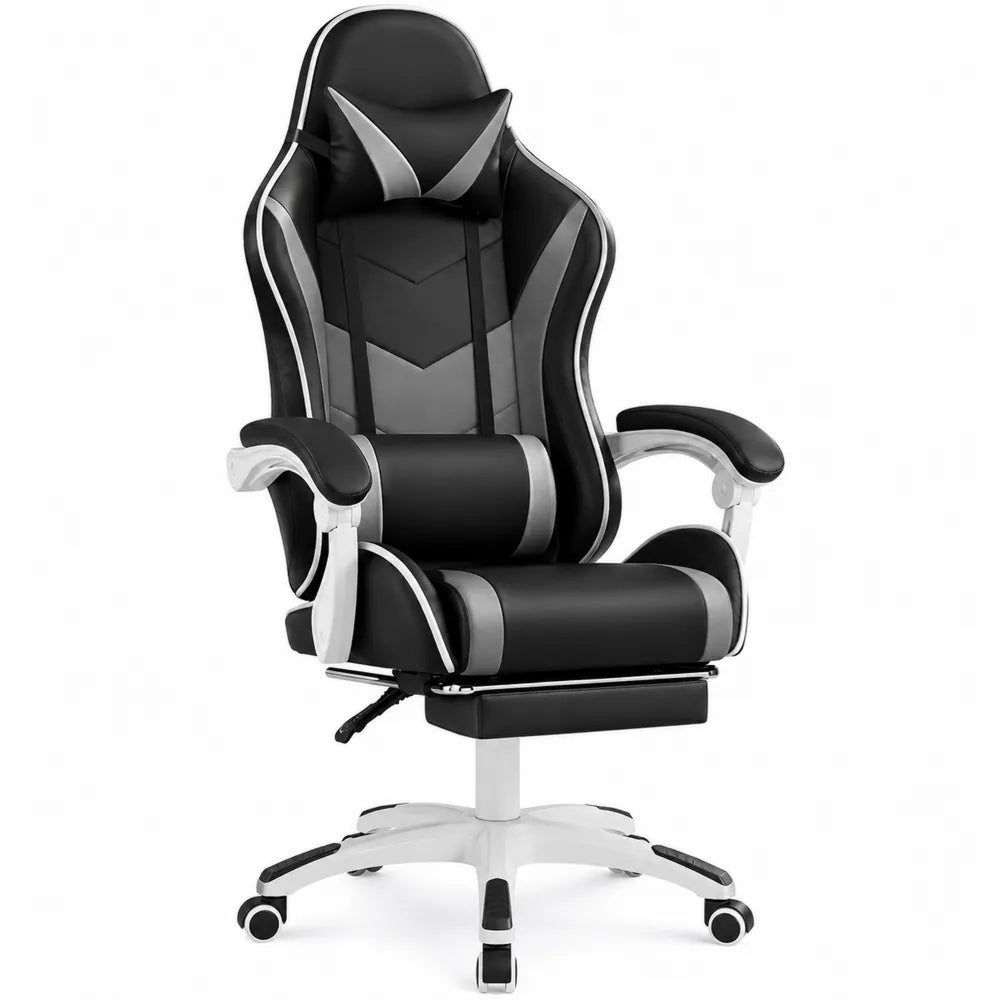 Reclining Ergonomic Office Chair PU Leather Black/Gray with Adjustable Armrests and Lumbar Support