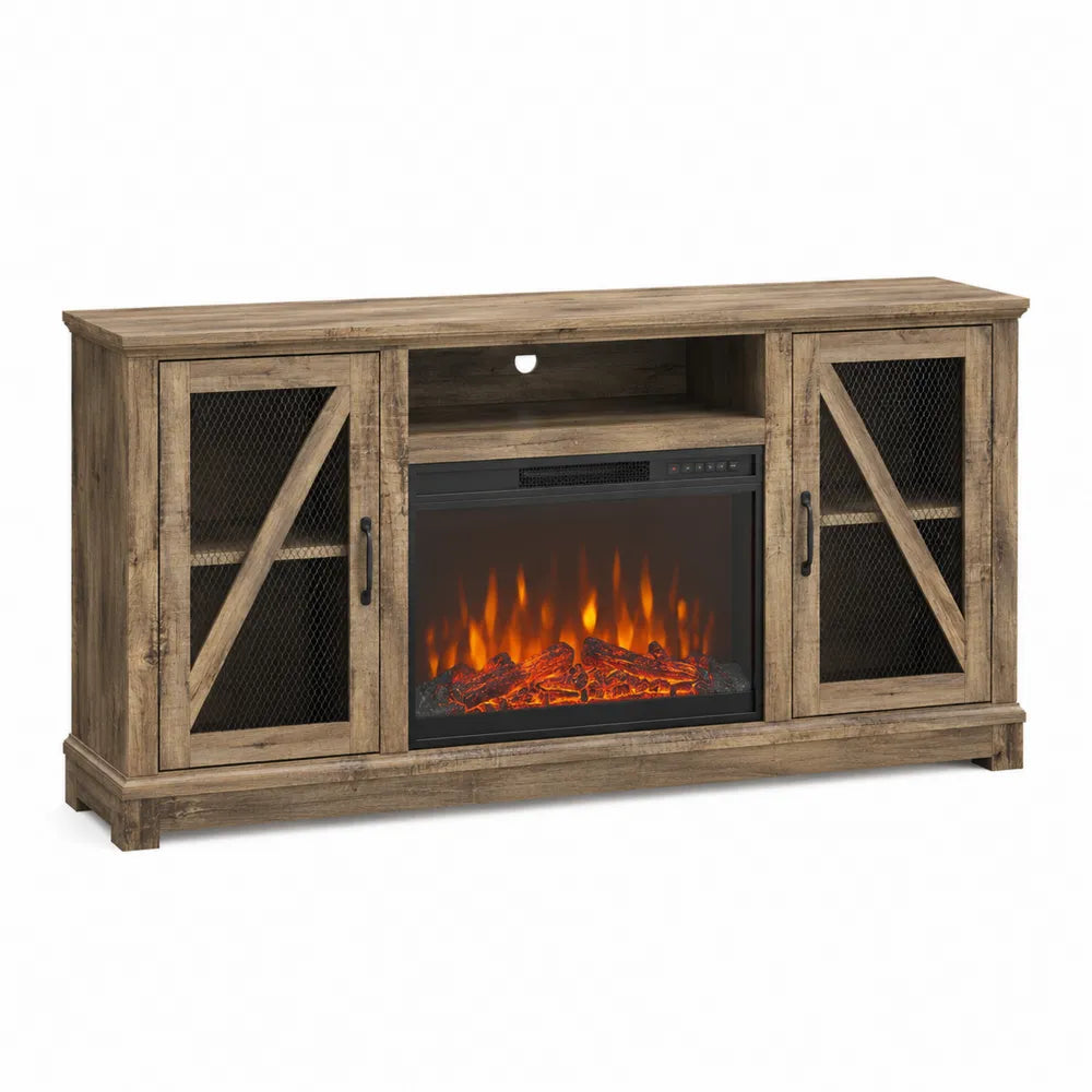 Electric Fireplace TV Stand Rustic Wood Entertainment Center with Mesh Doors 60in