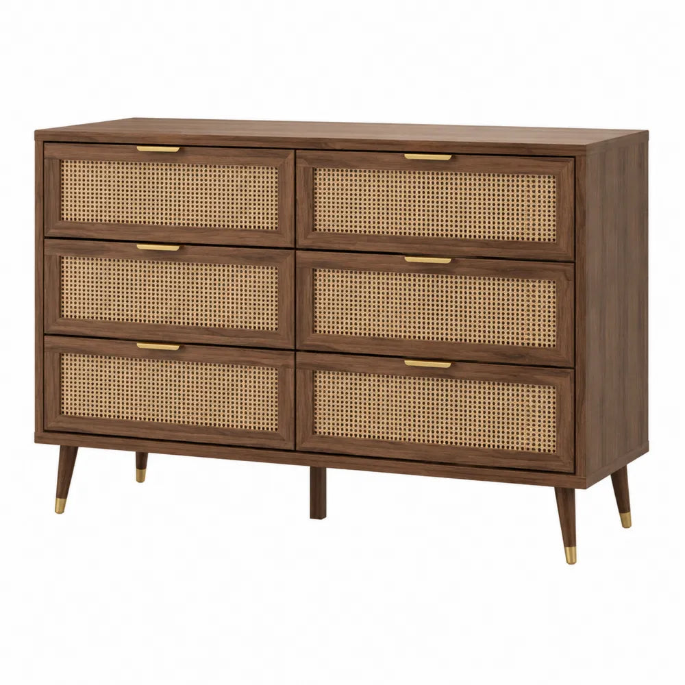 Wooden Dresser with Rattan Fronts 6 Drawers Brown 120x40x80cm
