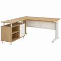 L-Shaped Particleboard Desk with Metal Frame and Storage in Oak/White
