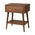 Walnut Finish Solid Wood Nightstand with Shelf and Drawer