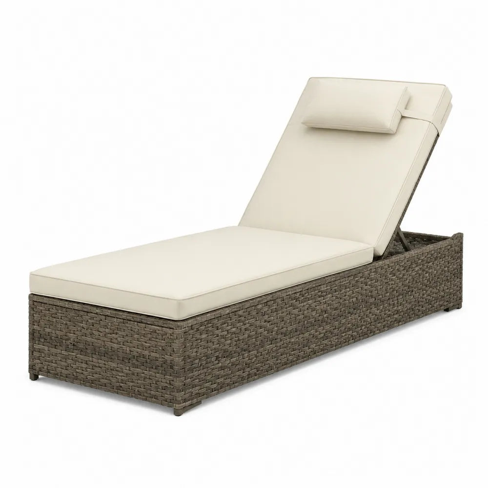 Outdoor Adjustable Rattan Sun Lounger with Beige Cushion 200cm