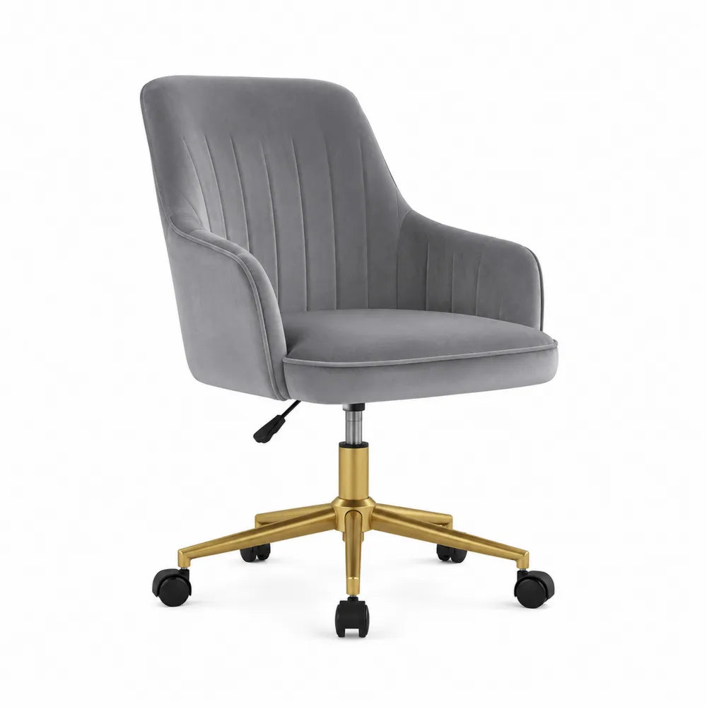 Gray Velvet Office Swivel Chair with Metal Base and Adjustable Height