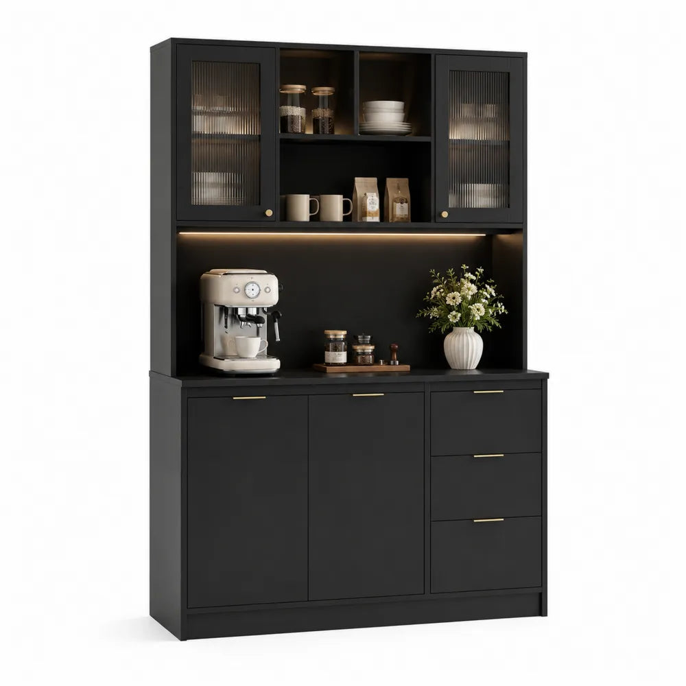 Black Wood Sideboard Buffet Hutch with Ribbed Glass Doors and LED Lighting