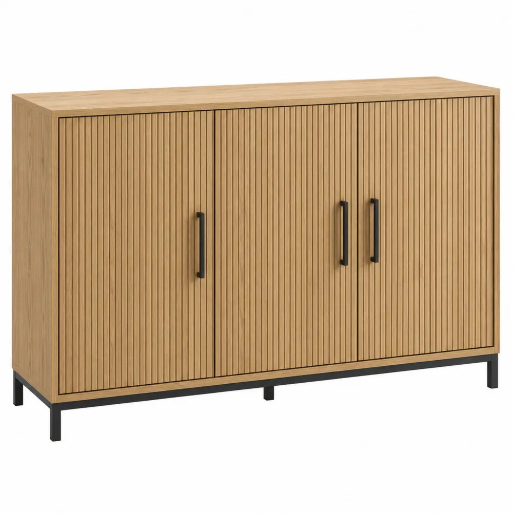 Oak Wood Sideboard with Metal Legs 4-Door Storage Cabinet