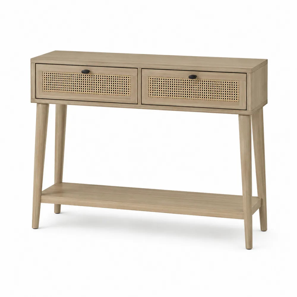 Beech Wood Console Table with Rattan Drawer Fronts and Shelf 120cm