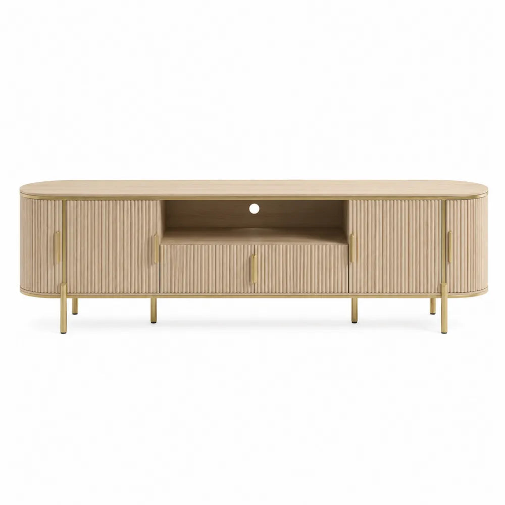 Oval Wood TV Stand with Ribbed Texture and Gold Metal Legs 180cm