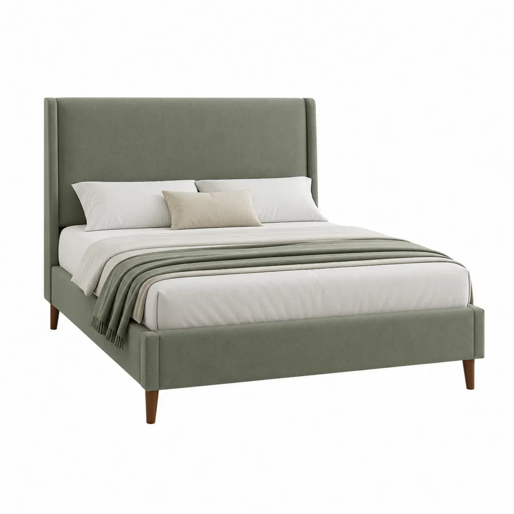 King Upholstered Bed Frame with Linen Fabric and High Headboard, Green, 220cm x 200cm