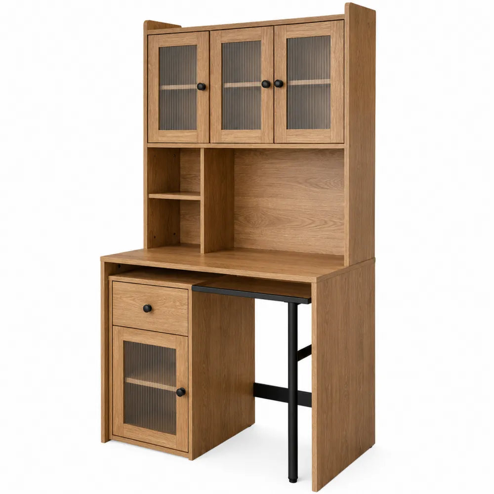 Wood Desk with Hutch and Storage Cabinets, Oak, 120cm x 55cm x 150cm