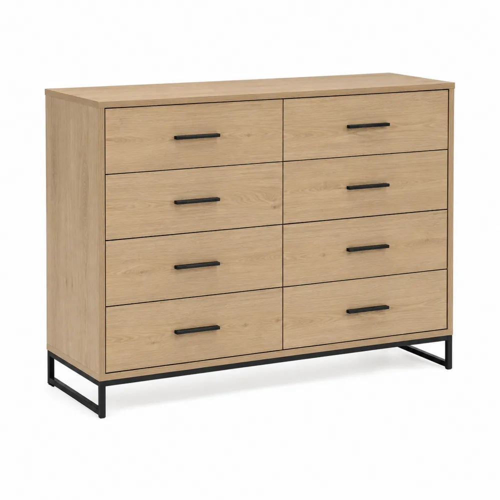 Wooden Dresser with 8 Drawers Oak Veneer Black Metal Base