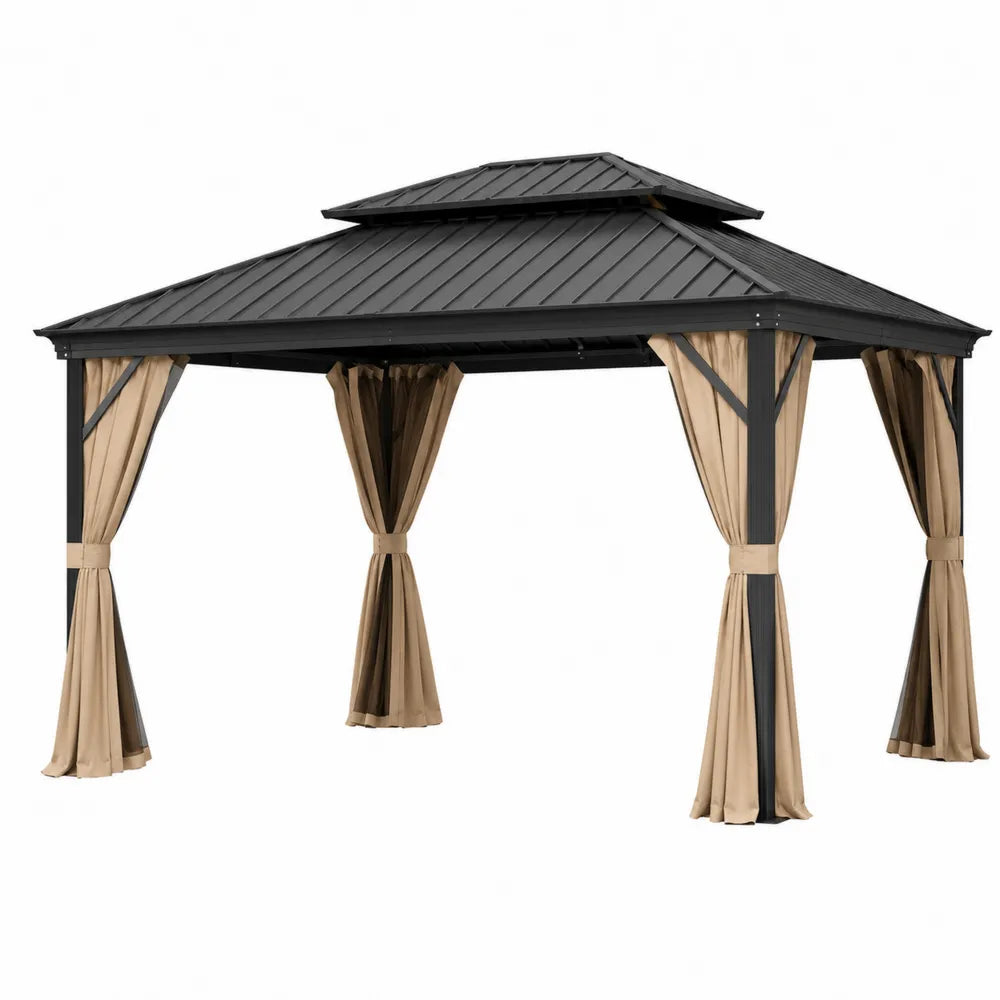 Metal Outdoor Gazebo with Steel Roof and Polyester Curtains 12ft x 12ft Black/Beige