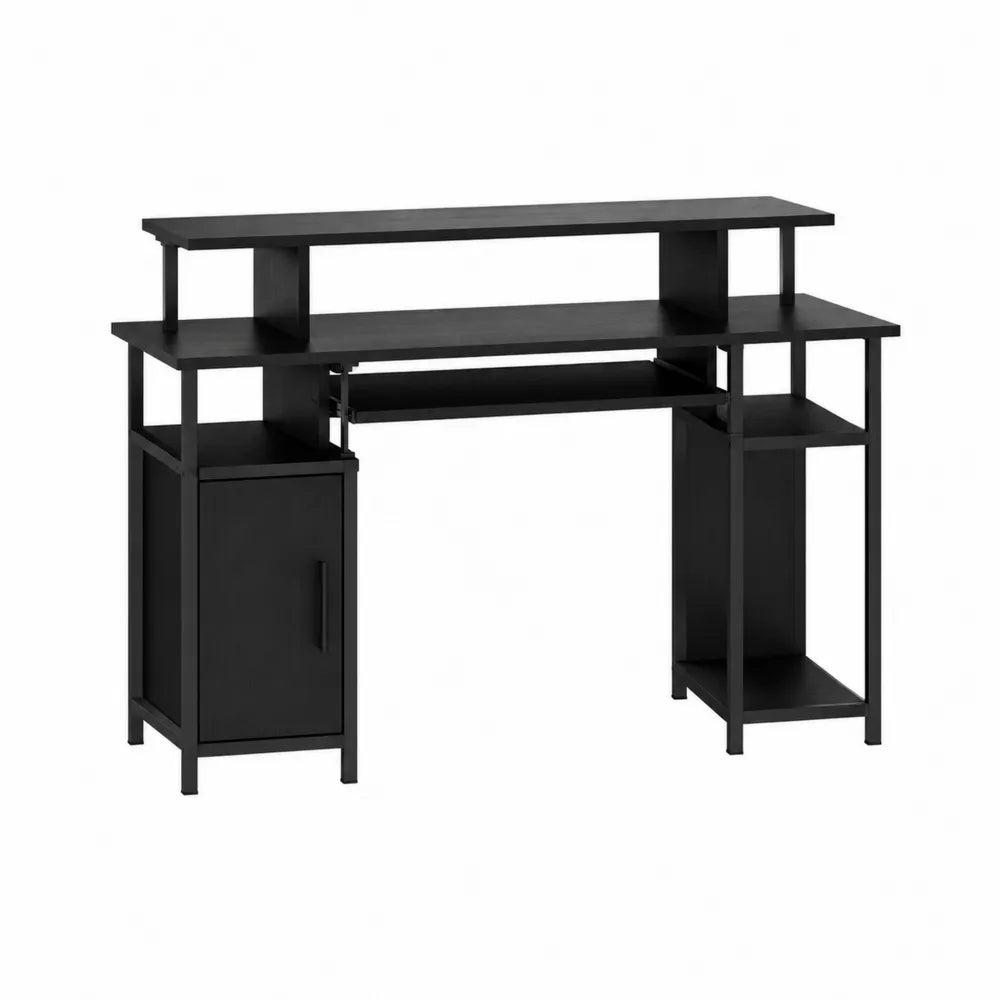 Black MDF and Metal Computer Desk with Storage Shelves and Cabinet